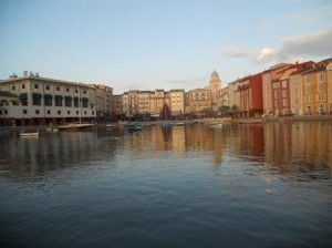 On the water taxi approaching the Portofino Bay Hotel