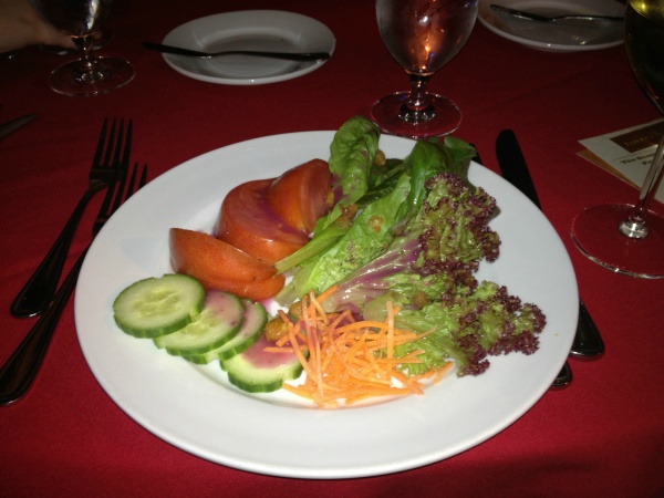 Local Three Boys Farms Greens with Land Grown Mickey Cucumbers, Ruskin Tomato and Chick Pea Croutons, with Desert Cactus Flower Vinaigrette 2