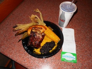 Thunder Falls, Islands of Adventure, Chicken and Rib dinner.  January 2014 price $14.99.  Drink was $2.69