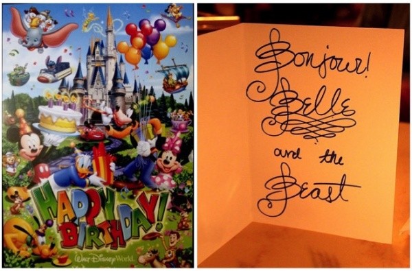 Receive autographed birthday cards from your favorite Disney Characters, like this one from Be Our Guest in Magic Kingdom.