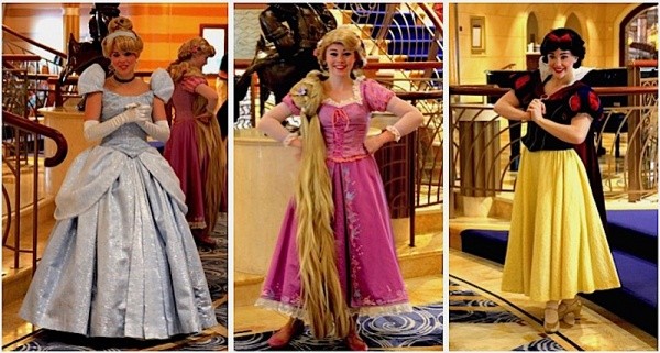 Cinderella, Rapunzel and Snow White at the Princess Gathering on the Disney Dream. Belle, while not shown, was also at the Gathering. 