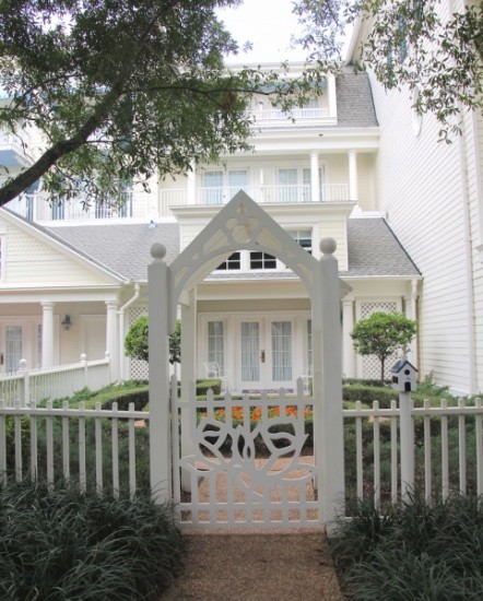 Welcomed to this charming Garden Suite at Disney's Boardwalk Inn by a Hidden Mickey over the gated entrance.