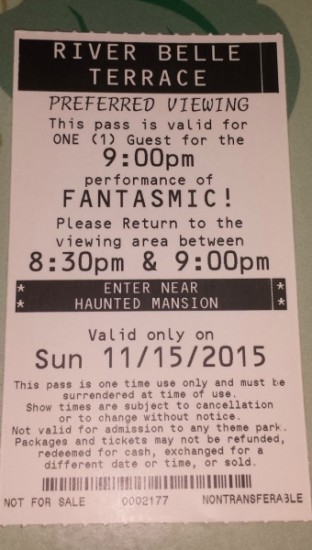 Paper Fastpass ticket for Fantasmic at Disneyland Park. 