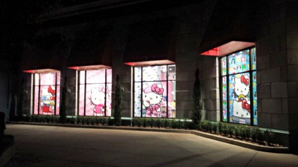 Hello Kitty store windows at night 