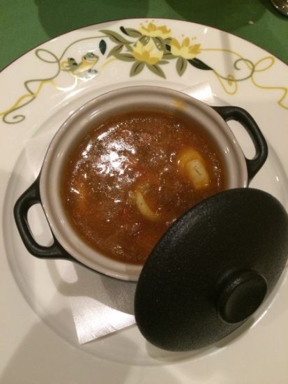 New Orleans Seafood Pepper Pot- note the frog on the edge of the plate.