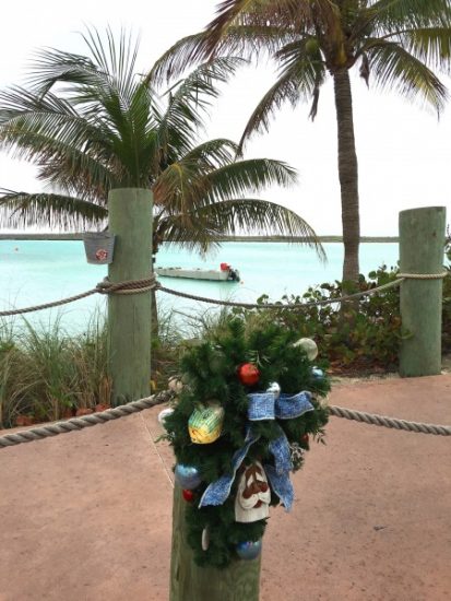 Castaway Cay, Disney's private island paradise, has holiday wreaths lining the path from the ship to the beach. 