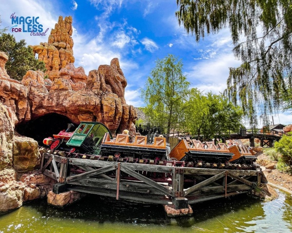 Train car hitting a turn on Big Thunder Mountain Railroad at Disneyland Resort