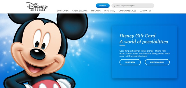 Disney Gift Card website