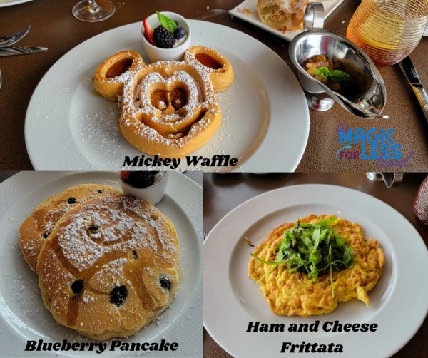 Palo Brunch Breakfast Dishes - Mickey Waffles, Blueberry Pancakes, Ham and Cheese Frittata