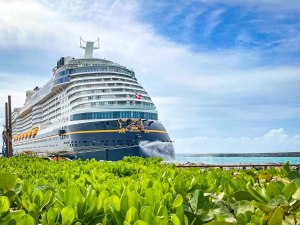 Disney Wish docked at Disney's Castaway Cay in the Bahamas
