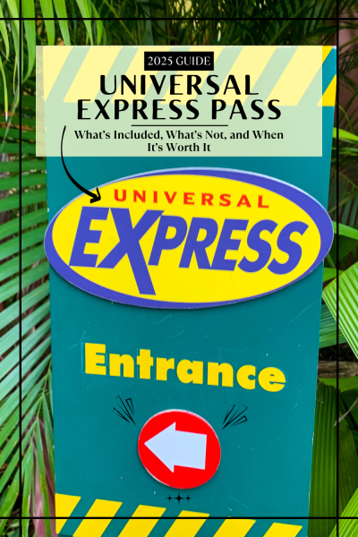 Universal Express Pass attraction entrance sign with text