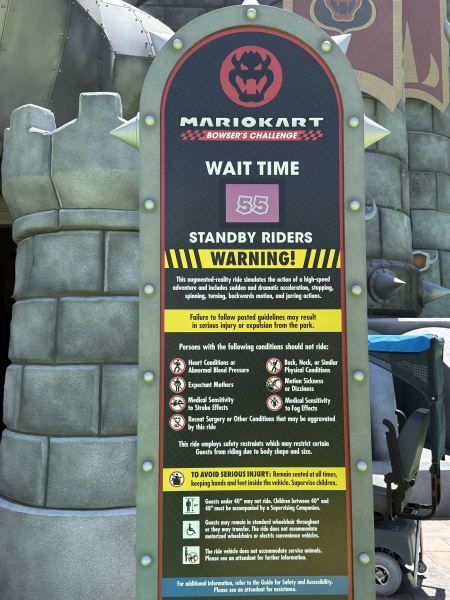 Wait time sign for Bowser's Challenge at Universal Epic Universe Theme Park