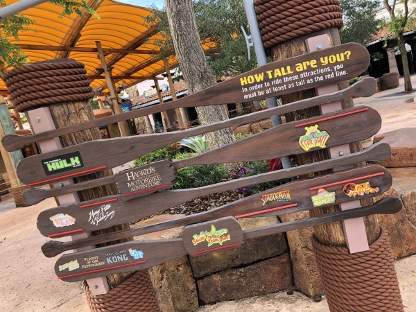 Height requirement measuring sign for rides at Universal Islands of Adventure