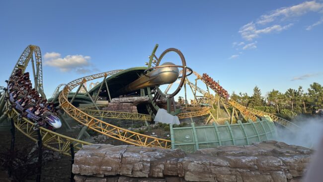 Two Stardust Racers dueling coasters in action at Epic Universe