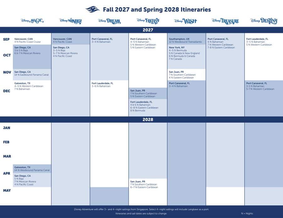Disney Cruise Line Fall 2027 & Spring 2028 Itineraries
